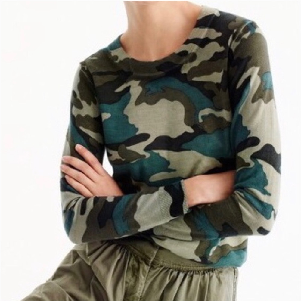 J. Crew Camouflage Crew Neck Sweater - Olive and Teal